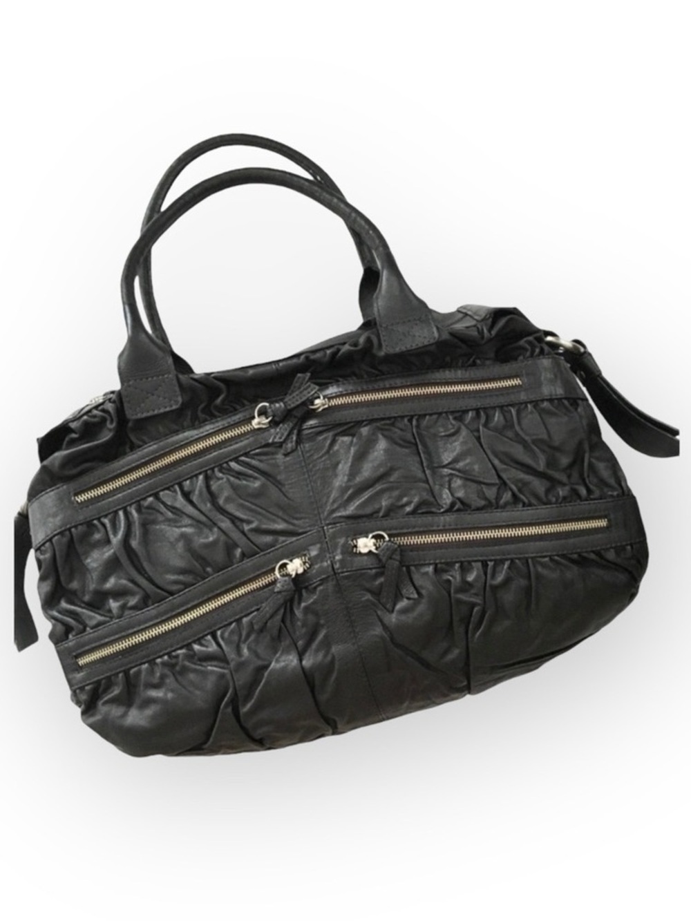 new Maria Bonita Extra ༄ Zip Pockets Leather Travel Bag ༄ Black Metallic Sheen - Picture 12 of 16